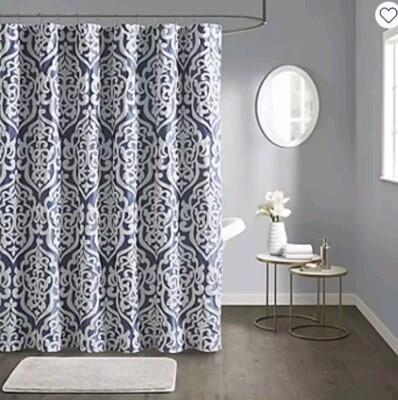 Madison Park Shower Curtain 72in Jacquard  Damask Navy Blue-image