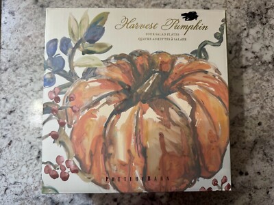 Pottery Barn Harvest Pumpkin Watercolor Salad Plates, Set of 4-New in Box-image