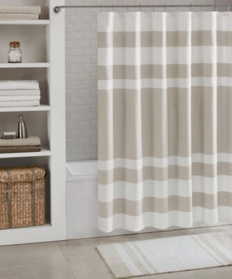 Madison Park Spa Waffle Shower Curtain ~ Taupe White Stripe ~ Scotchgard -image