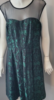 Studio One Floral Metallic Emerald Green Velvet Dress Mesh Yoke A-Line Sz. 14-image