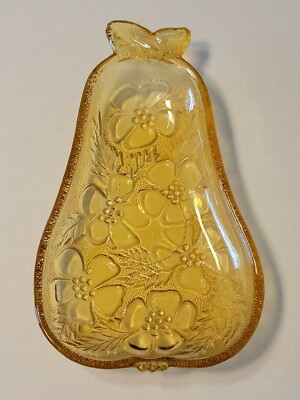 Vintage AMBER DEPRESSION GLASS Pear Shaped Embossed W/Flowers Nut Candy Dish-image