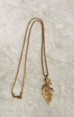 Vintage Necklace Large Gold Dipped Filigree Gold Leaf Pendant 24.5” - 2mm Chain-image