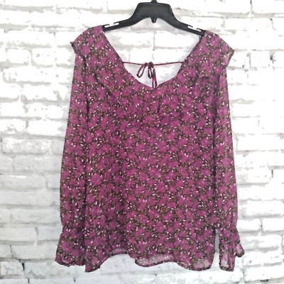 Dip Blouse Womens Large Purple Floral V Neck Long Sleeve Ruffle Sheer Boho-image