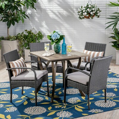 Derek Outdoor 5 Piece Wood and Wicker Square Dining Set, Gray and Gray-image