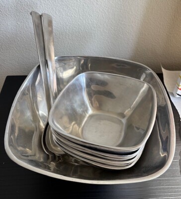POTTERY BARN BARONA Aluminum Salad / Serving Bowls and tongs-image