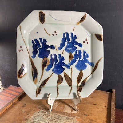 Signed Studio Art Pottery Platter with Blue Iris & Brown Leaves Unknown Artist-image