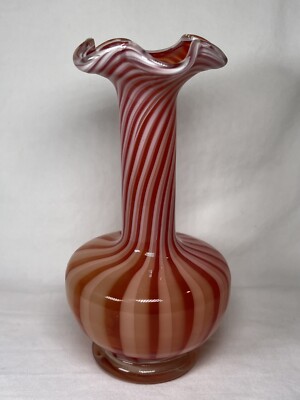 Vintage Hand Blown OOAK Art Glass Ribbon Bud Vase Red And White 6”-image