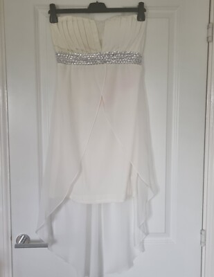 LOVELY WHITE SHEER PINTUCK BANDEAU SPARKLY EMBELLISHED FLOATY DIP HEM DRESS - L-image