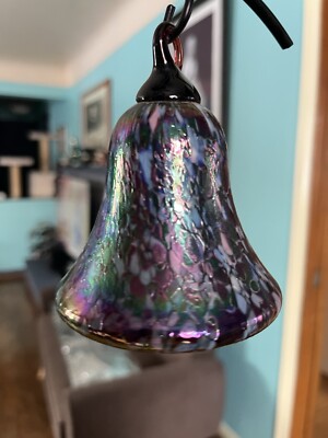 Glass Eye Studio Bell Ornament 3.75”x3” Purple White Oil Slick Iridescent VTG  -image