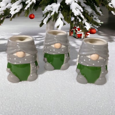 3 Pottery Barn Gnome Mugs Ceramic Holiday Gnomette Set Gray Green Polka Dots-image