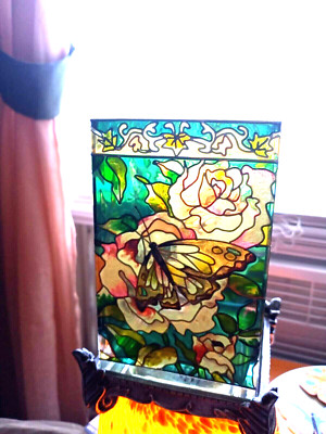 Amia Studios Hand Painted Stained Glass Candle Holder Butterflies/Floral W/Base-image