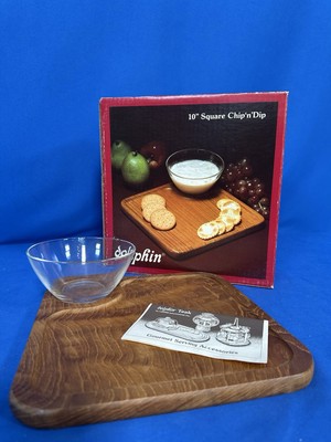 🔥 Vintage Genuine Solid Teakwood Serving Tray  W Glass Dip Bowl Never Used 🔥-image