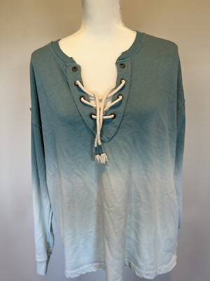 Maurices Woman Teal Dip Dye Lace Up Sweatshirt Size Large Long Sleeve-image
