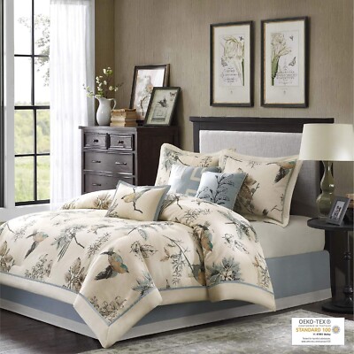 King Comforter Set Country Cottage Modern Farmhouse Birds Foliage Charming 7pc-image