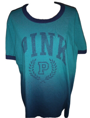 VS VICTORIAS SECRET PINK CAMPUS SHORT SLEEVE TEE TOP DEEP LAKE DIP DYE L-image