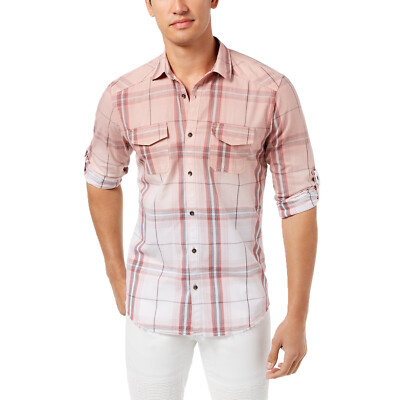 INC International Concepts Men's Dip-Dyed Plaid Shirt (Pale Mauve, Large)-image