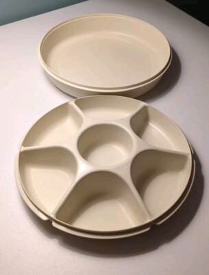 Tupperware # 1665,  # 1666 Almond 2-Piece Serving Chip n Dip Divided Tray-image