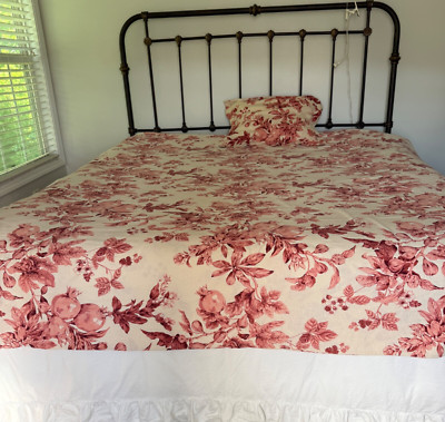 Pottery Barn KING  Linen Blend Duvet Cover Lisette Red Ivory Pomegranate + Sham-image