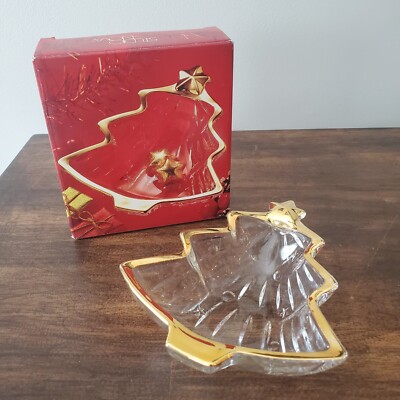 STUDIO NOVA Spirit Gold Trim Christmas Tree Shaped Glass Candy Dish Original Box-image