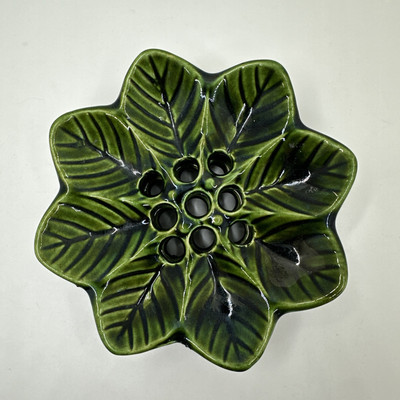VTG Green Studio Art Pottery Leaf Shaped Flower Frog 5”-image