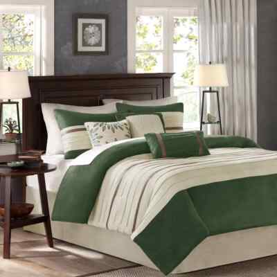 Madison Park 7 Piece Comforter Set Queen Size Faux Suede Design In Green-image