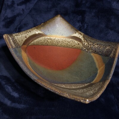 Studio Art Pottery Square Dish Green Yellow Blue Burnt Orange Signed Footed /114-image