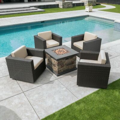 Venice Outdoor 5 Piece Chat Set with Dark Brown Chairs with Fire Pit-image