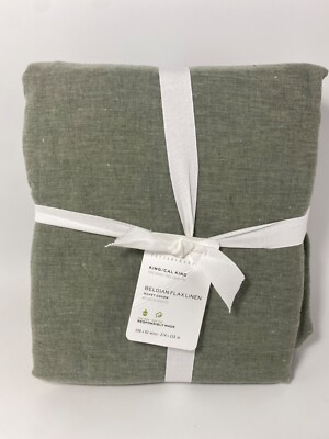 Pottery Barn Belgian Flax Linen King/Cal King Duvet Cover Loden Green NWT-image