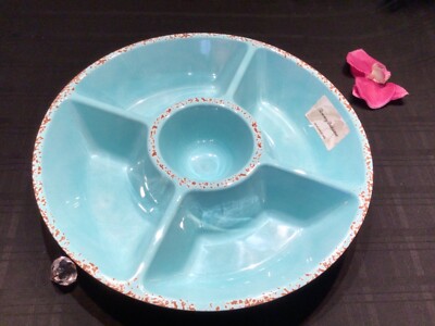 Tommy Bahama Melamine Divided Platter Turquoise Rustic Crackle chip n DIP VEGGIE-image