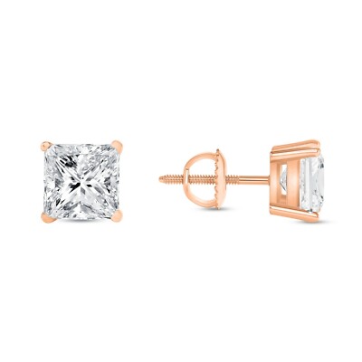 4 Ct Princess Cut Earrings Studs Real Solid 14K Rose Gold Screw Back Basket-image