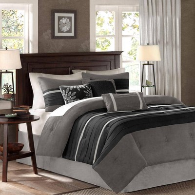 Madison Park Comforters Textured Striped Polyester in Black Gray Full (7-Pcs)-image