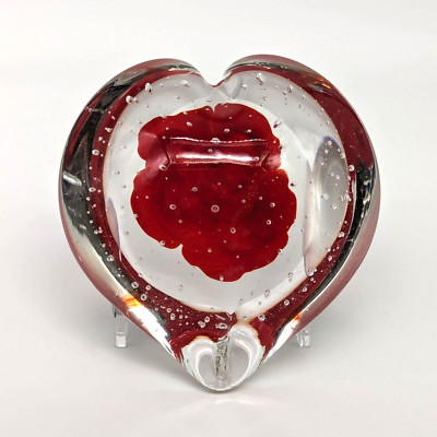 Hand Blown Art Glass Heart Shaped Paperweight Red Rose Controlled Bubbles-image