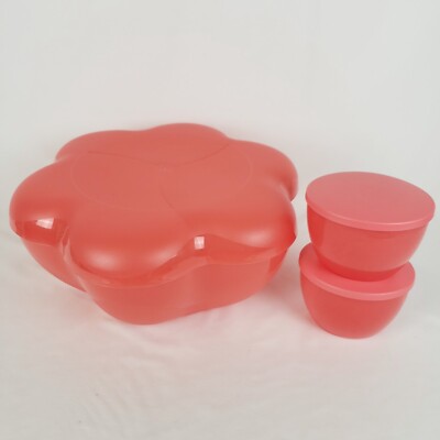 Tupperware Chip N Dip Bowl Set Red Large Divided Tray Lid 4624 4625 2X 4626-image