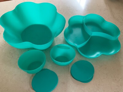Tupperware 4624 5.6L Chip N Dip Bowl Set  Spring Green 6pc Divided Lid Tray-image