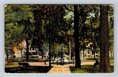Bay City MI-Michigan, Madison Park, Fountain, Antique Vintage c1912 Postcard-image
