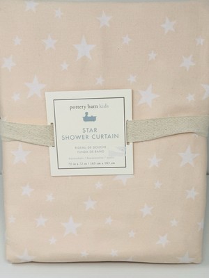 NEW Pottery Barn Kids Pale Pink Peach Button Hole Star Cotton Shower Curtain-image