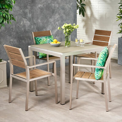 Cherie Outdoor Modern Aluminum 4 Seater Dining Set with Faux Wood Seats-image