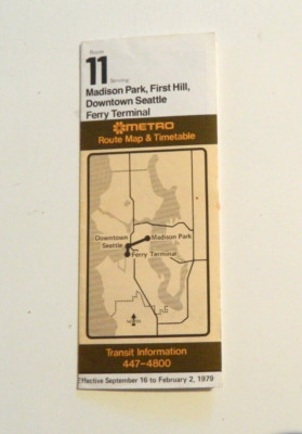 1979 Seatle Metro #11 Route map and time table. Madison Park, Downtown. T3-image