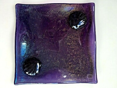 Stoddard Studio Fused Glass Square Iridescent Rainbow Dish w/ Shells 7