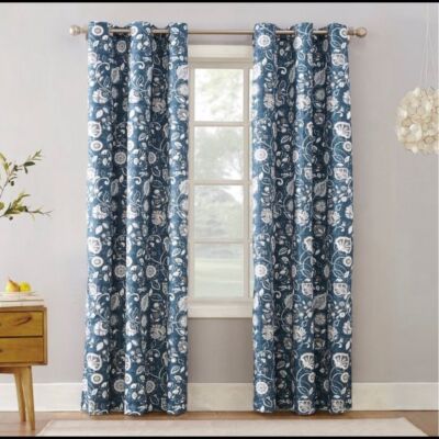 Set of 2 Panels Jorah Botanical Print Thermal Insulated Grommet Curtain Blue-image