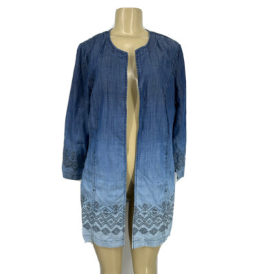 NEW CHICO'S Royal Dip Dye EMBROIDERED Blue Wash DENIM Duster Coat Large 14-2-image