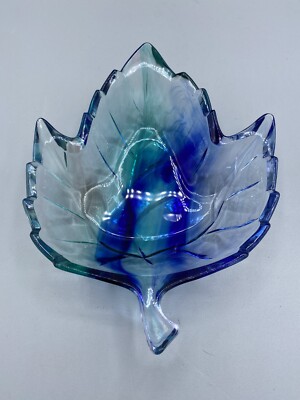 Vintage Blue Teal Clear Studio Nova Maple Leaf Candy Dish Japan-image