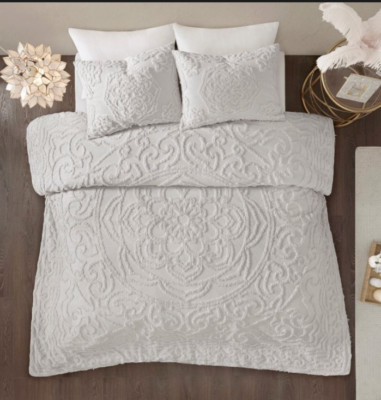 Madison Park Cecily Tufted Cotton Chenille Medallion King Duvet Cover Set Gray-image