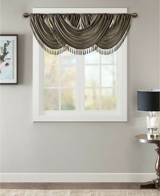 Madison Park Elena 38 x 46 Faux-Silk Rod Pocket Waterfall Valance Tassel Pewter-image