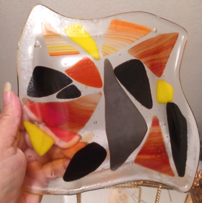 Art GLASS FUSED Studio MULTI-COLORED MURANO STYLE SQUARE DISH  7