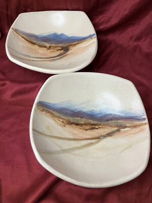 Art Pottery Mountain Desert Scene Southwest  (2) Bowls Artist Signed-image