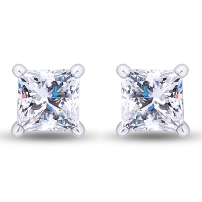 3 Ct Princess  Solitaire Stud Earrings 14K White Gold Screw Back-image