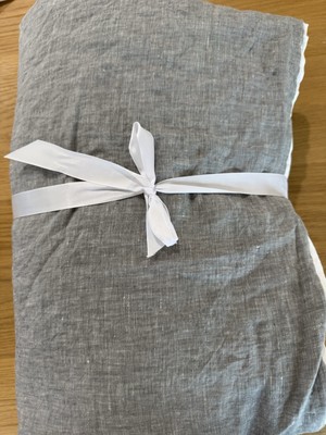 Pottery Barn Belgian Flax Linen Contrast Flange Duvet Cover King Flagstone/White-image