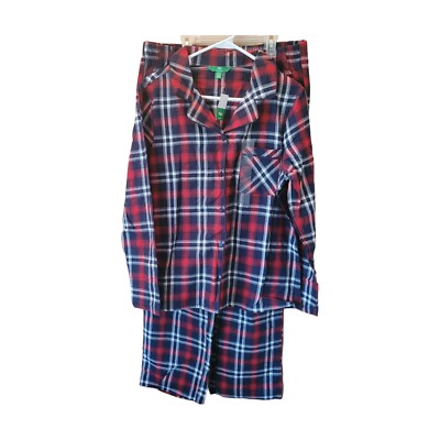 Dip Ladies Flannel Pajama 2 Piece Set Size Large Red White Blue Plaid Pockets-image