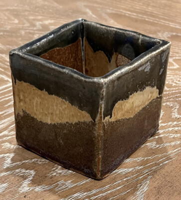 Art Studio Pottery Uneven Square Cube Pot Planter Vase Earth Tones Postmodern-image